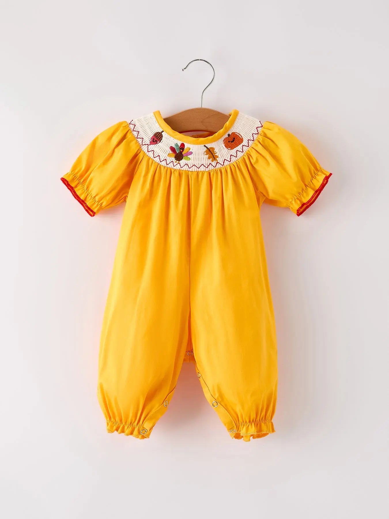 Fall Halloween Thanksgiving Turkey Smock Embroidered Yellow Baby Girl Romper Rylee Faith Designs