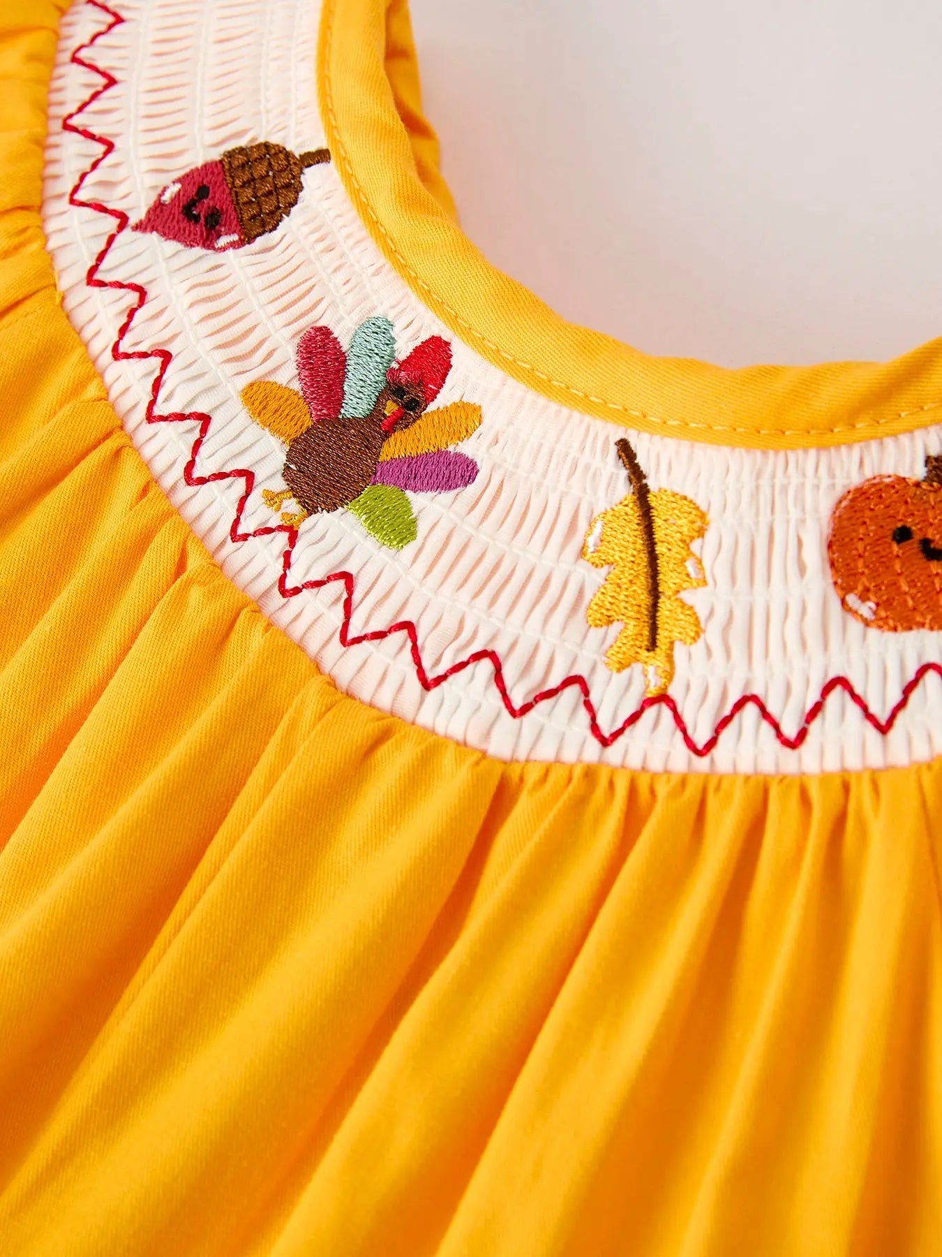 Fall Halloween Thanksgiving Turkey Smock Embroidered Yellow Baby Girl Romper Rylee Faith Designs