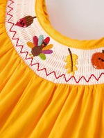 Rylee Faith Designs Fall Halloween Thanksgiving Turkey Smock Embroidered Yellow Baby Girl Romper - Apparel & Accessories > Clothing > Baby & Toddler Clothing > Baby One-Pieces Romper