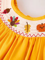 Rylee Faith Designs Fall Halloween and Thanksgiving Turkey Embroidered Yellow Girls Dress - Apparel & Accessories > Clothing > Baby & Toddler Clothing > Baby & Toddler Dresses Dress