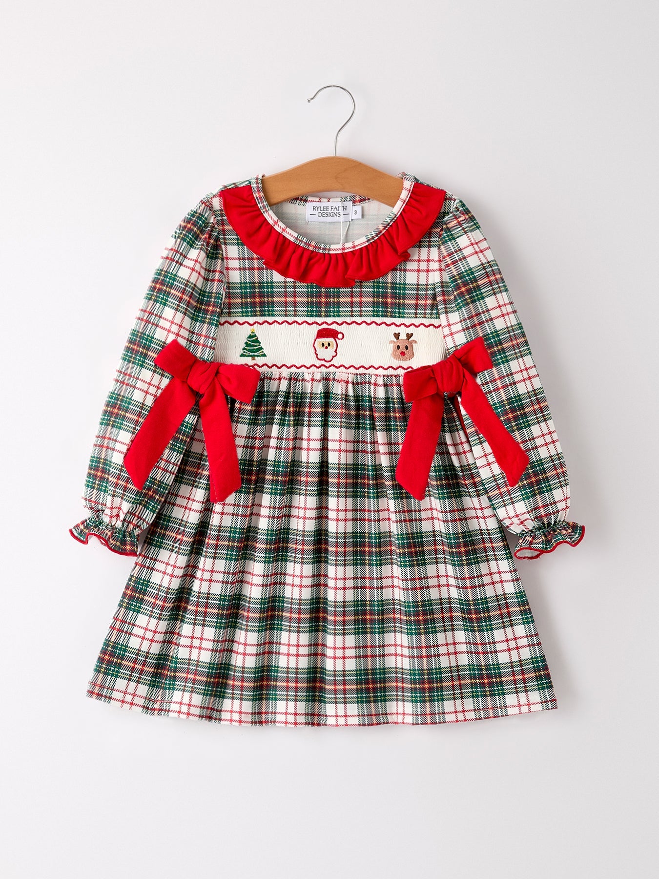 Christmas Embroidery Smocking Bow Plaid Girls Dress by Rylee Faith Designs