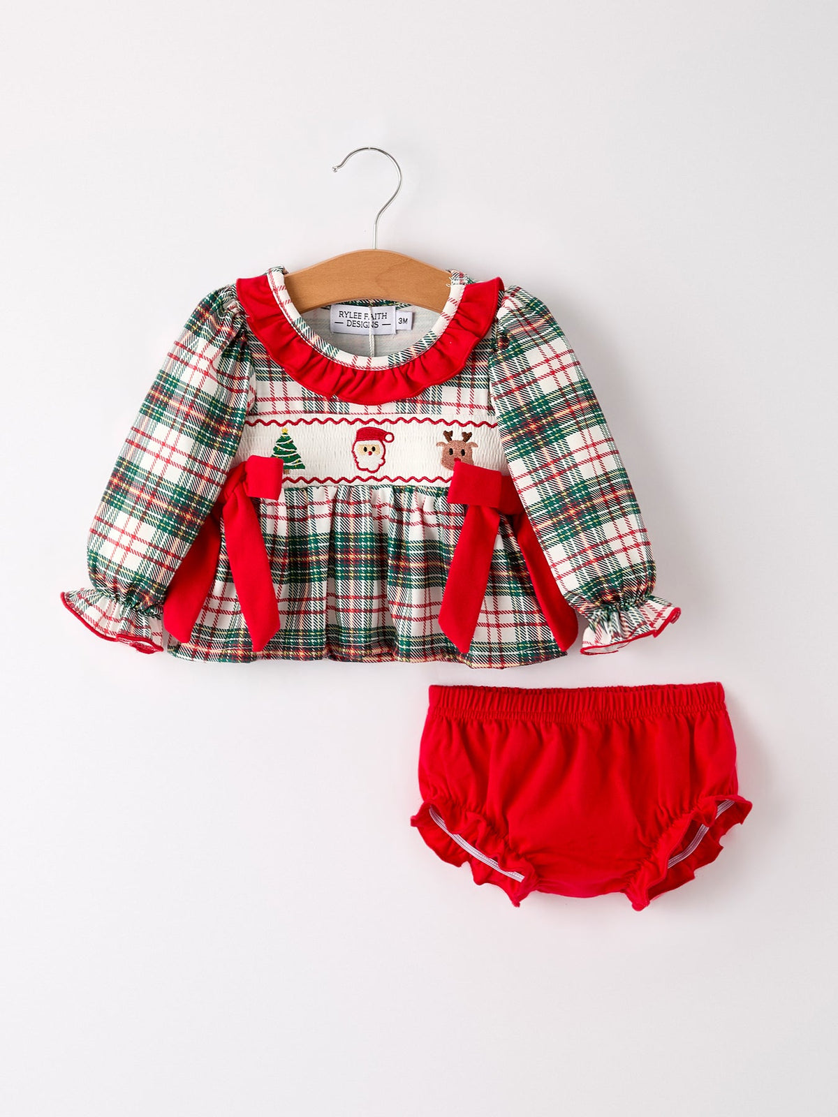 Christmas Plaid Smocking Embroidered Girls Bloomers Romper Set by Rylee Faith Designs