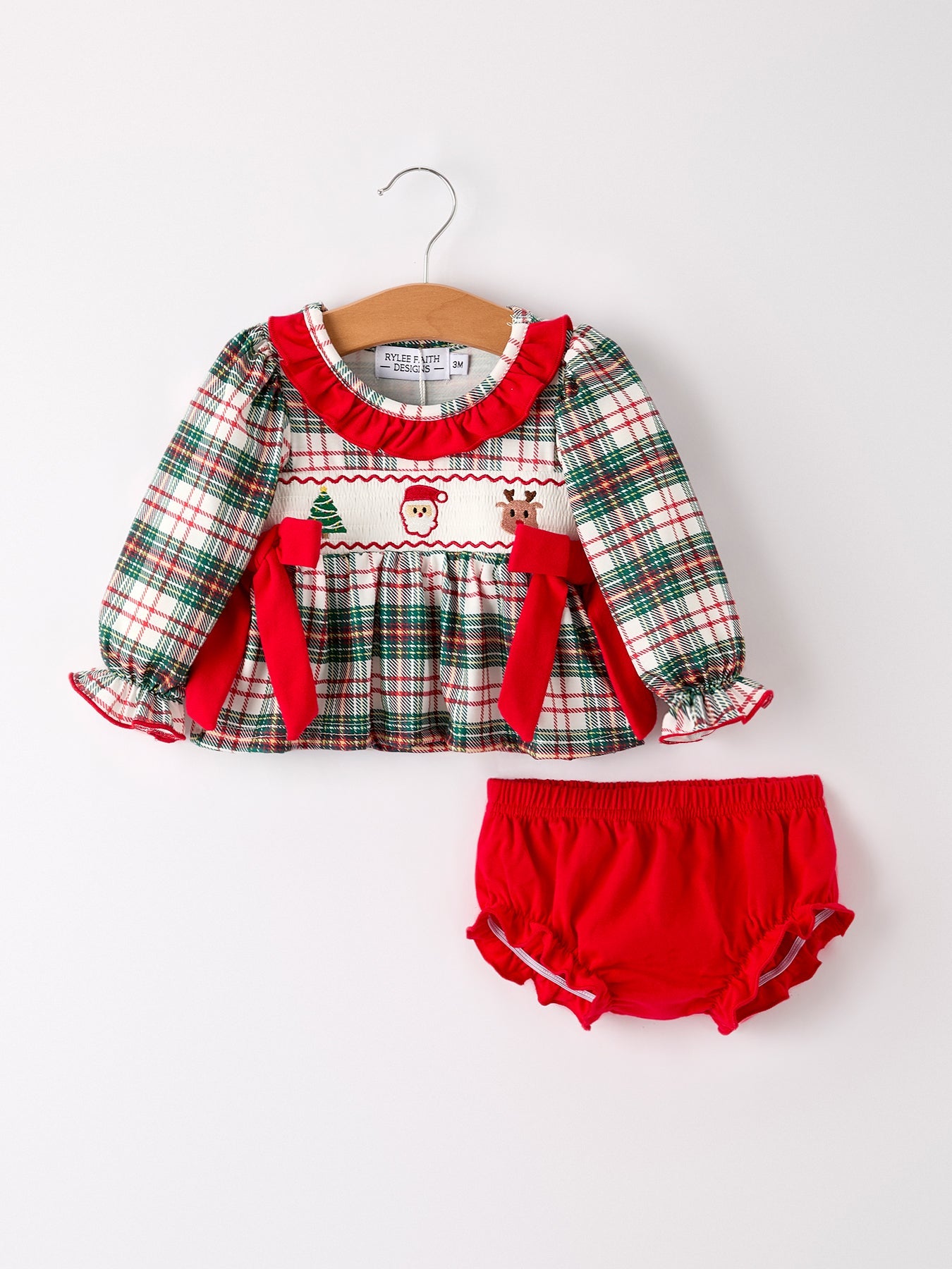 Christmas Plaid Smocking Embroidered Girls Bloomers Romper Set by Rylee Faith Designs