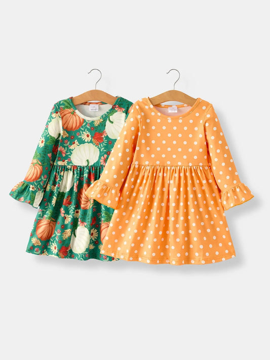 Thanksgiving Day Fall Dress Set with Pumpkin Print for Girls Rylee Faith Designs