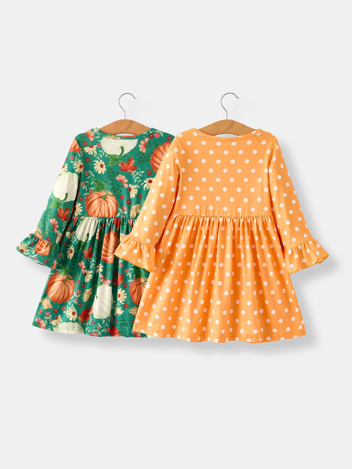 Thanksgiving Day Fall Girls Set Of 2 Pcs In One Package Pumpkin Print Dress by Rylee Faith Designs