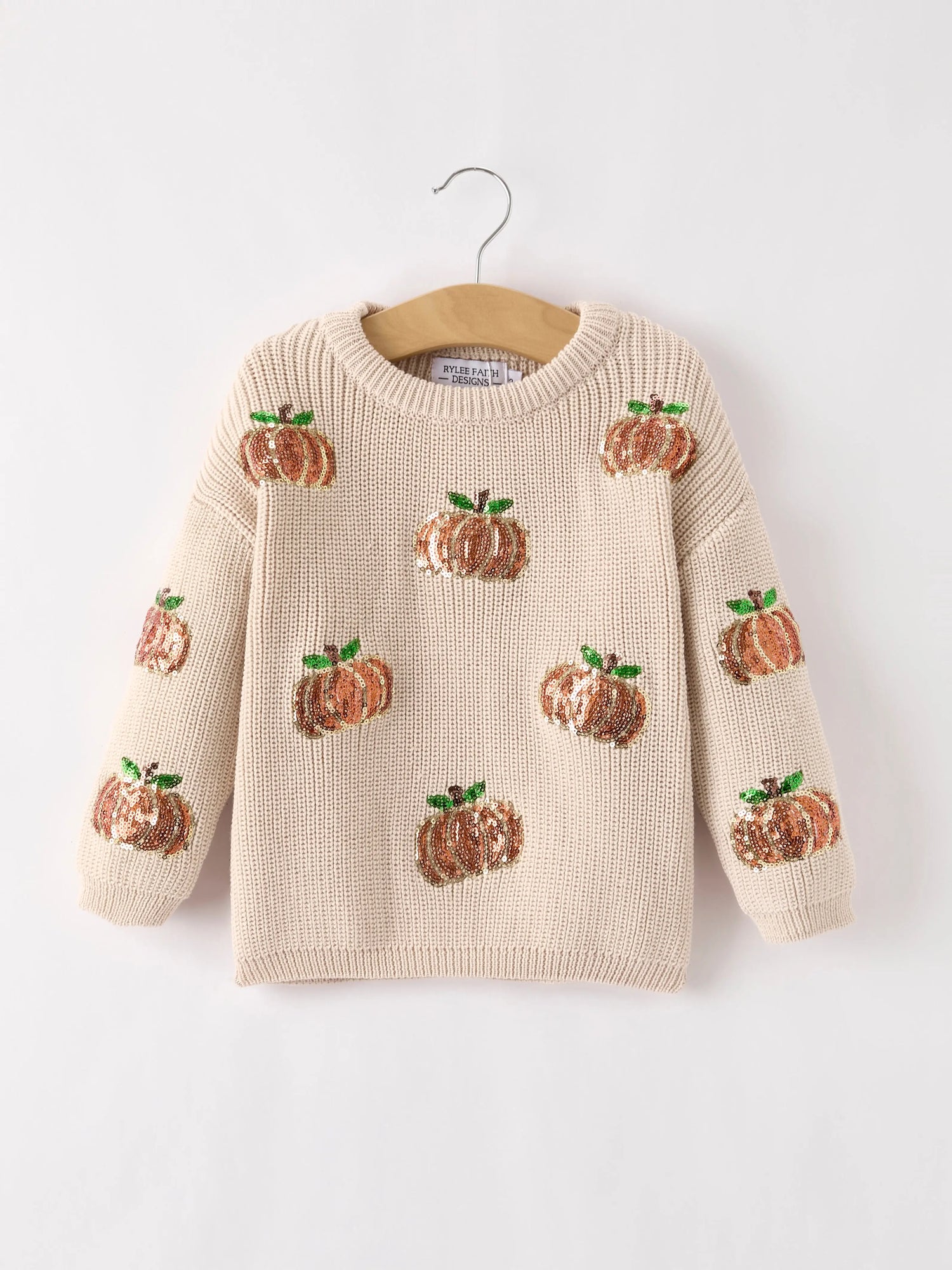 Rylee Faith Designs Thanksgiving Halloween Pumpkin Sequin Sweater Beige Perfect for Fall - Apparel & Accessories > Clothing > Baby & Toddler Clothing > Baby & Toddler Tops > Sweaters Top