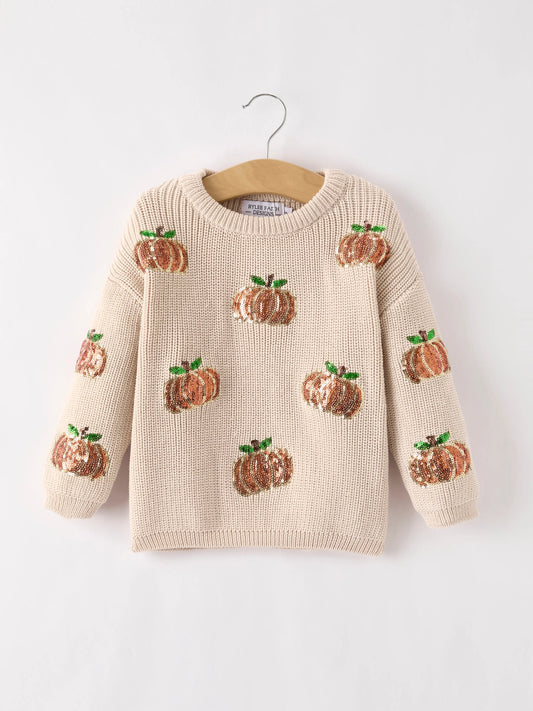 Thanksgiving Halloween Pumpkin Sequin Sweater Beige Perfect for Fall Rylee Faith Designs