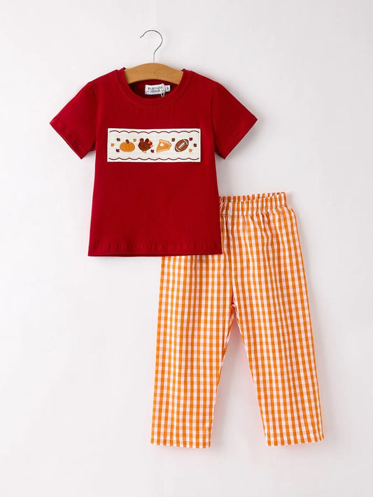 Fall Embroidered Boy Set Orange Checkered With Halloween Details Rylee Faith Designs