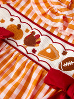 Rylee Faith Designs Fall Embroidered Romper for Baby Girls Orange Checkered with Halloween Details - Apparel & Accessories > Clothing > Baby & Toddler Clothing > Baby One-Pieces Romper