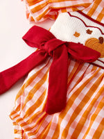 Rylee Faith Designs Fall Embroidered Romper for Baby Girls Orange Checkered with Halloween Details - Apparel & Accessories > Clothing > Baby & Toddler Clothing > Baby One-Pieces Romper