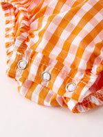 Rylee Faith Designs Fall Embroidered Romper for Baby Girls Orange Checkered with Halloween Details - Apparel & Accessories > Clothing > Baby & Toddler Clothing > Baby One-Pieces Romper