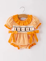 Rylee Faith Designs Halloween Striped Baby Girls Romper with Cat Smocking Embroidery for Fall - Apparel & Accessories > Clothing > Baby & Toddler Clothing > Baby One-Pieces Romper