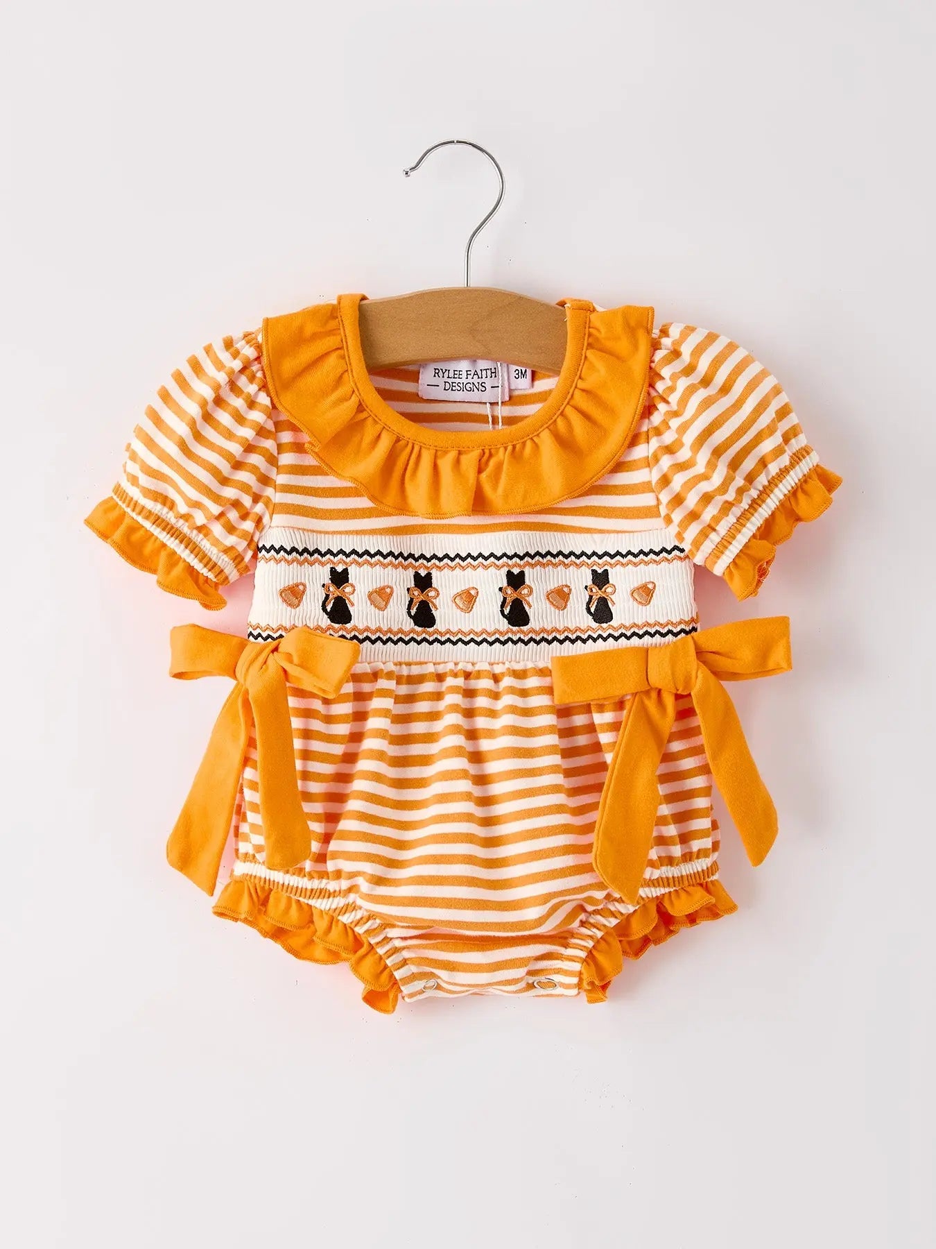 Halloween Striped Baby Girls Romper with Cat Smocking Embroidery for Fall Rylee Faith Designs