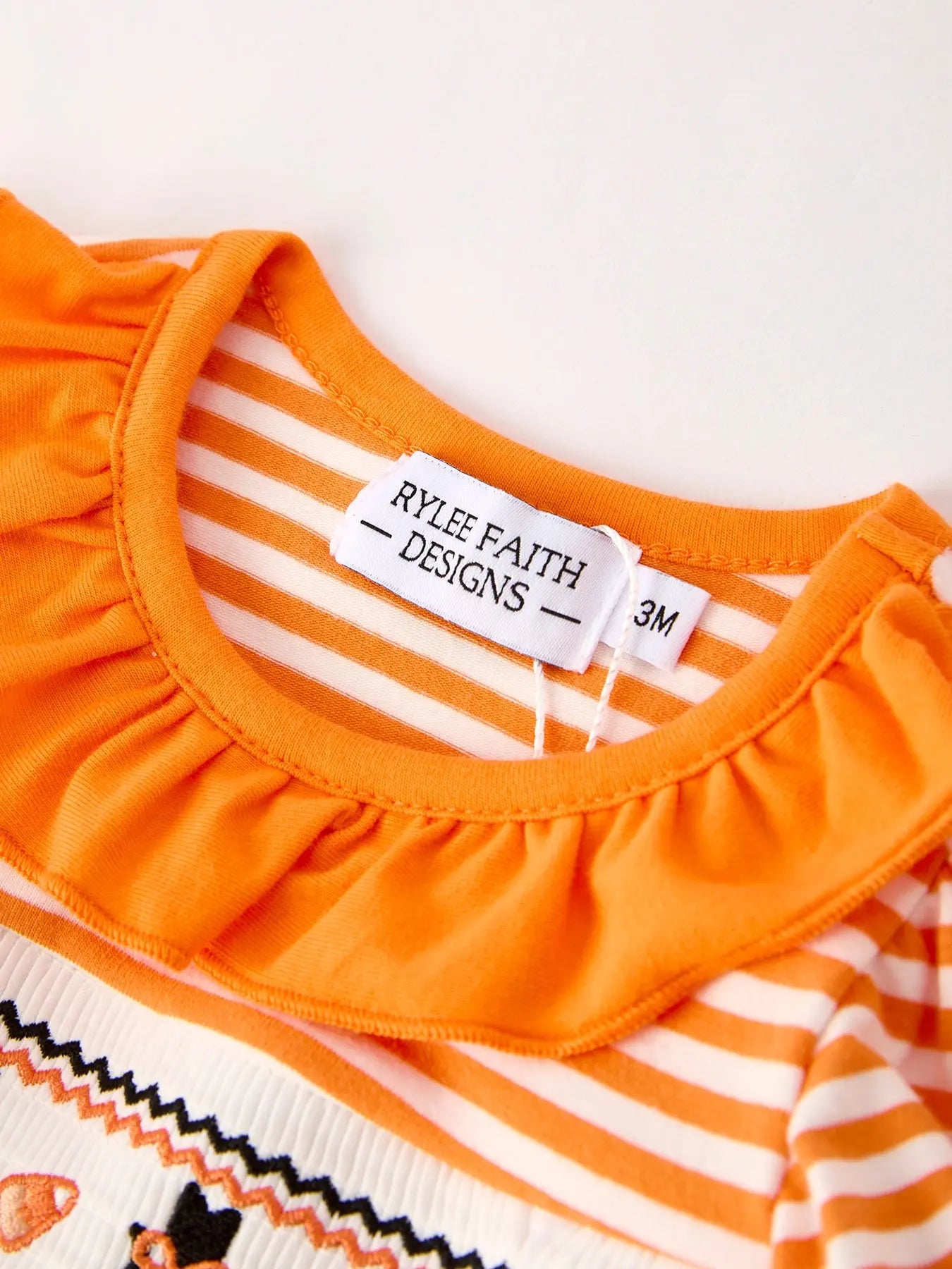 Halloween Striped Baby Girls Romper with Cat Smocking Embroidery for Fall Rylee Faith Designs