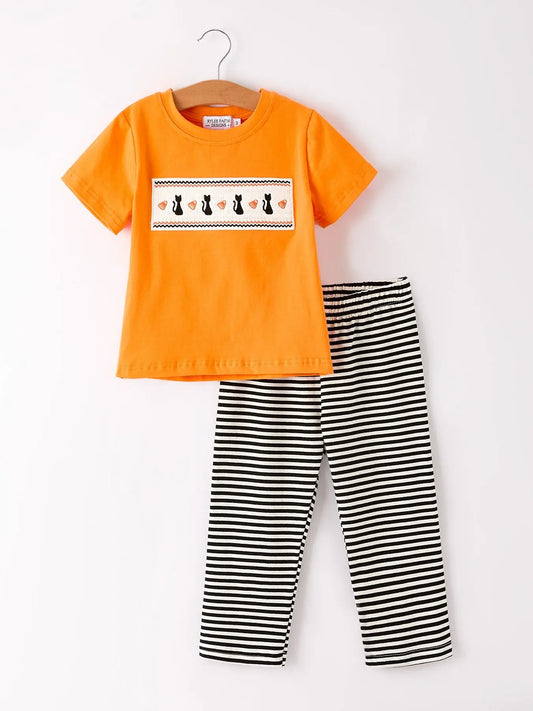 Halloween Striped Boy Set with Cat Smocking Embroidery Perfect for Fall Rylee Faith Designs