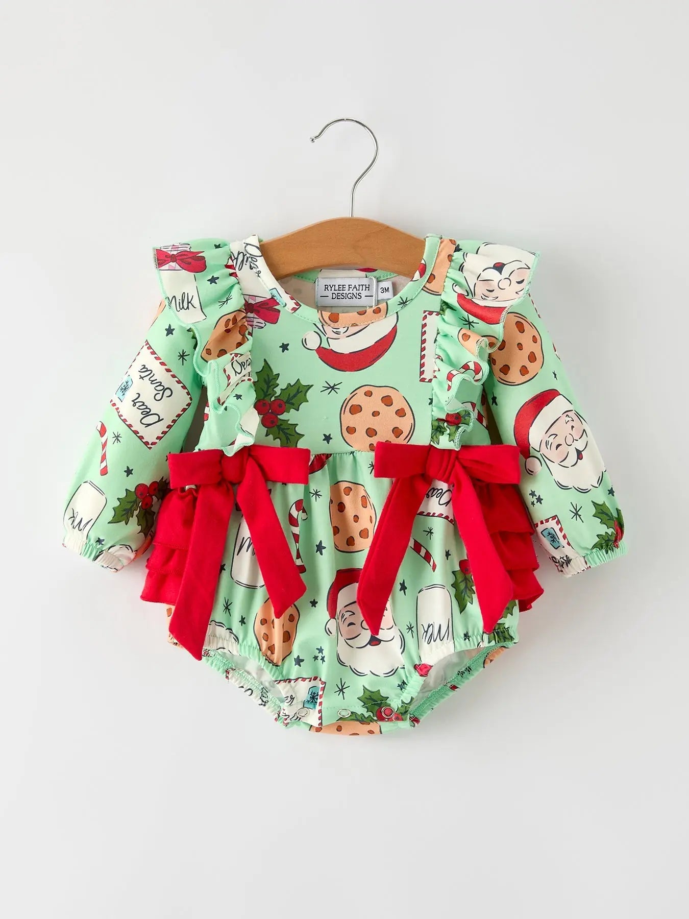 Rylee Faith Designs Christmas Santa And Cookie Romper Baby Girls With Red Bow - Apparel & Accessories > Clothing > Baby & Toddler Clothing > Baby One-Pieces Romper