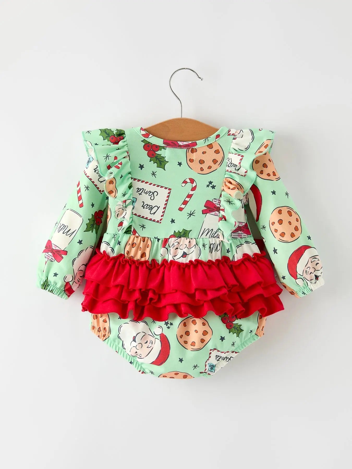Rylee Faith Designs Christmas Santa And Cookie Romper Baby Girls With Red Bow - Apparel & Accessories > Clothing > Baby & Toddler Clothing > Baby One-Pieces Romper