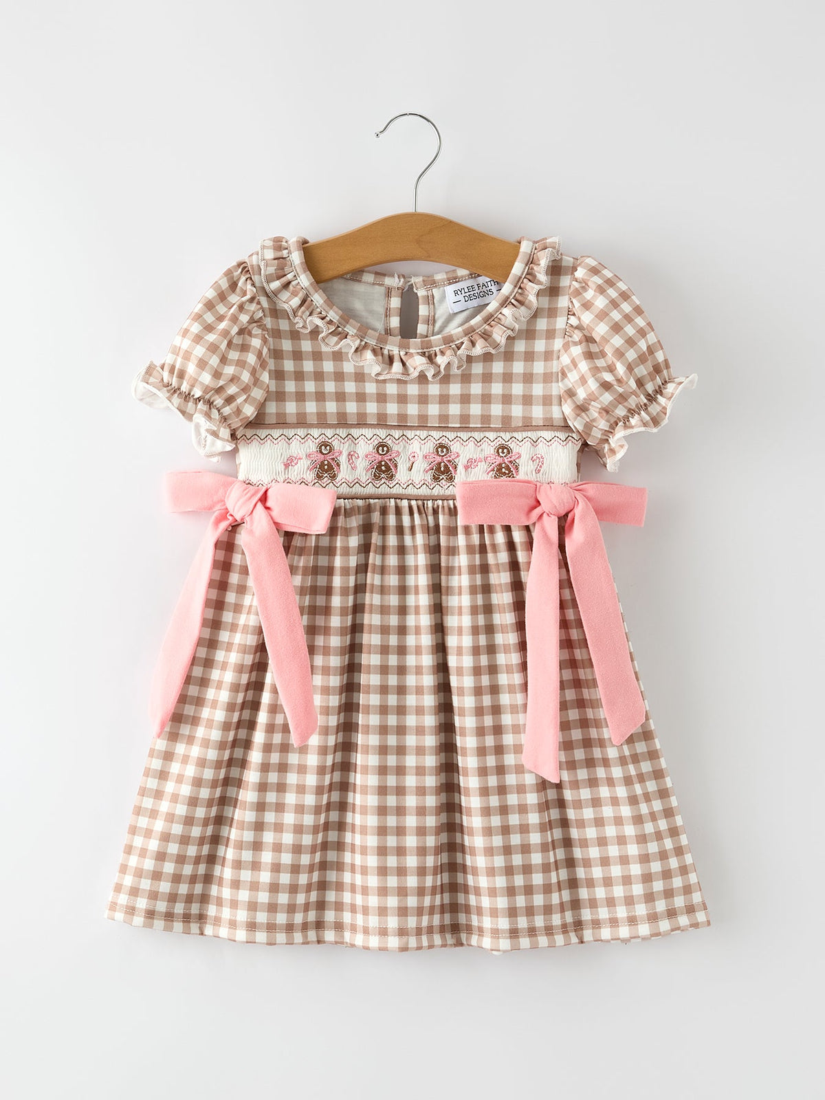 Christmas Vintage-Style Plaid Dress with Embroidered Gingerbread and Bows by Rylee Faith Designs