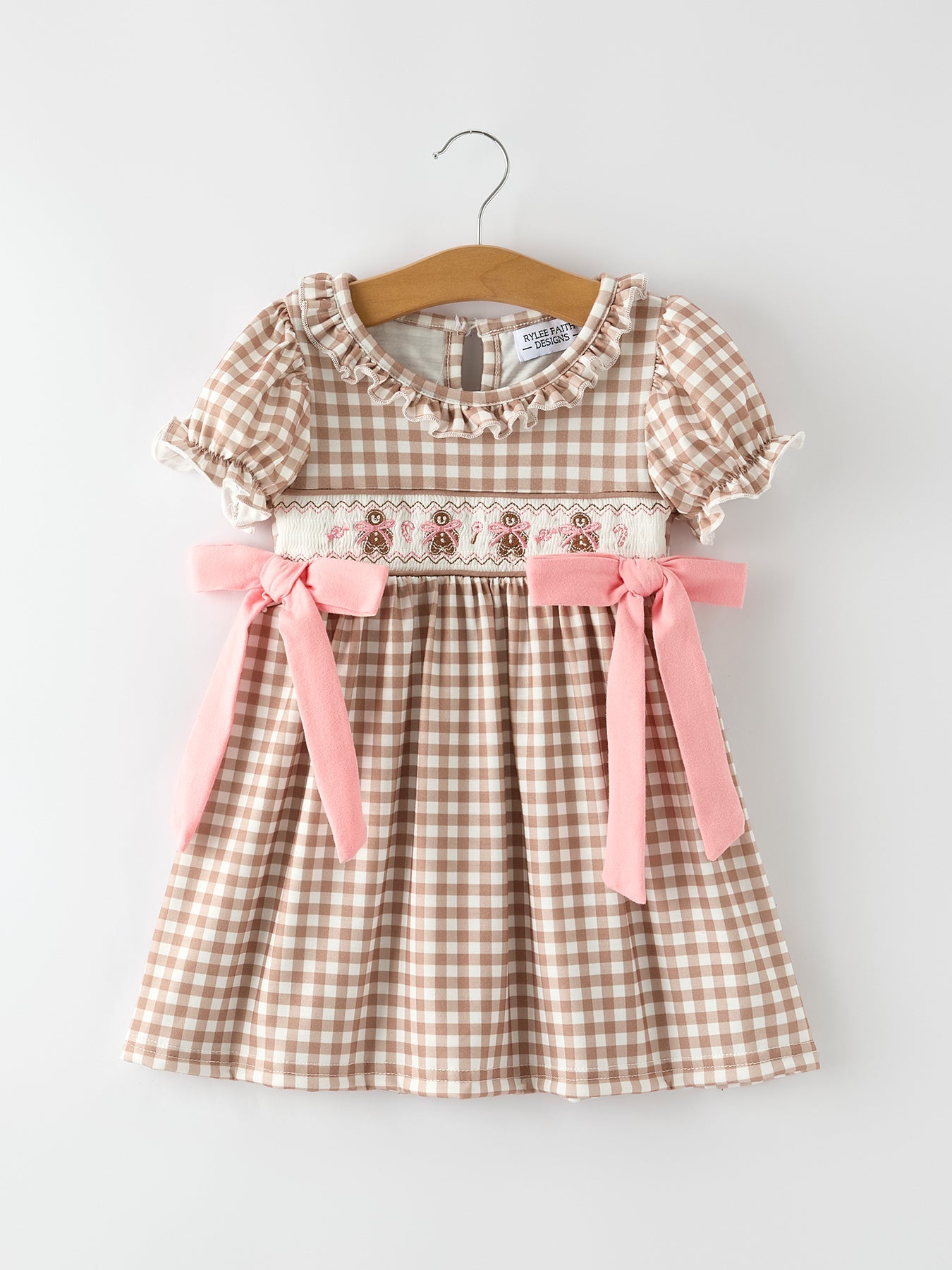 Christmas Vintage-Style Plaid Dress with Embroidered Gingerbread and Bows by Rylee Faith Designs
