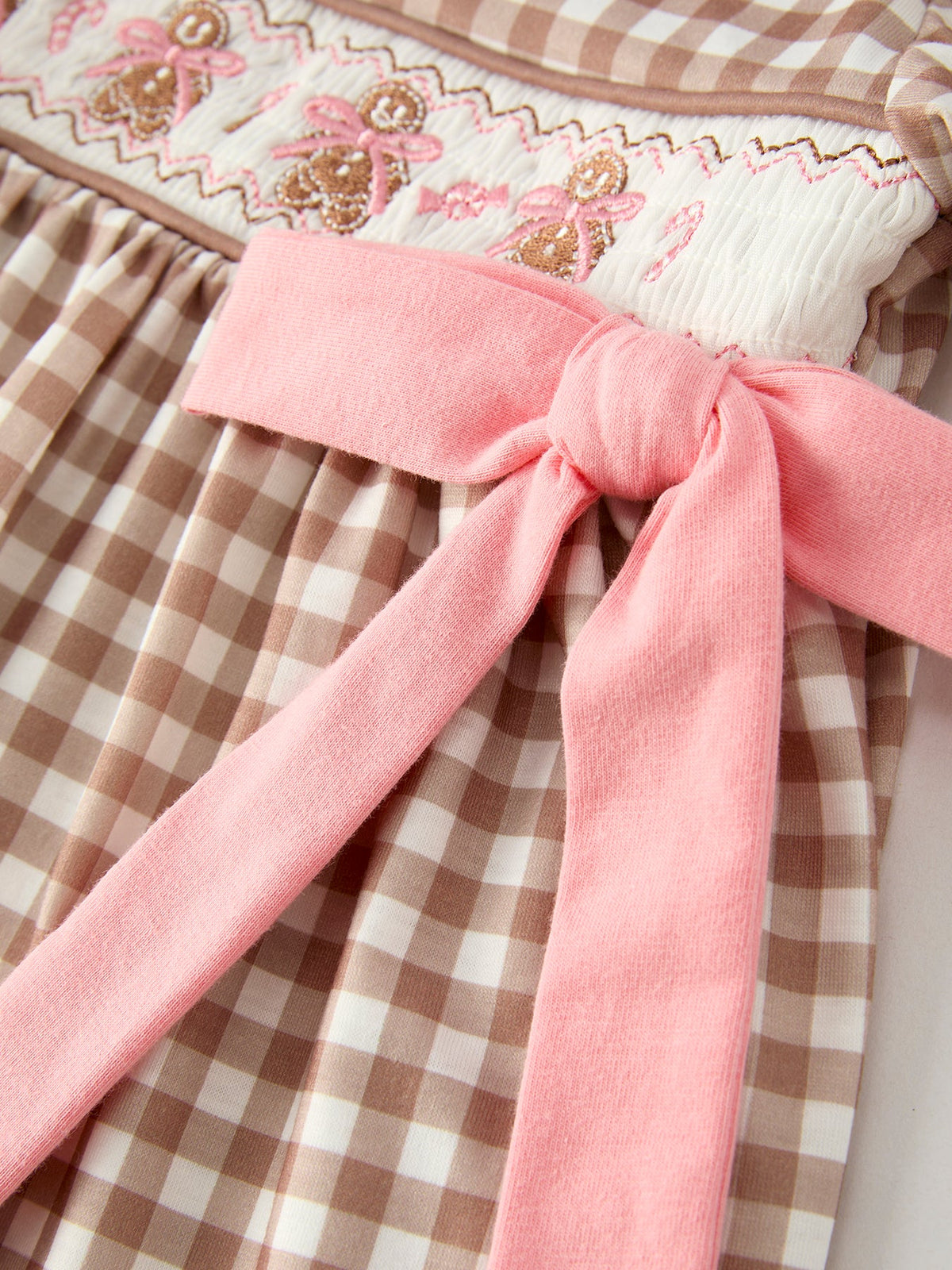 Christmas Vintage-Style Plaid Dress with Embroidered Gingerbread and Bows by Rylee Faith Designs