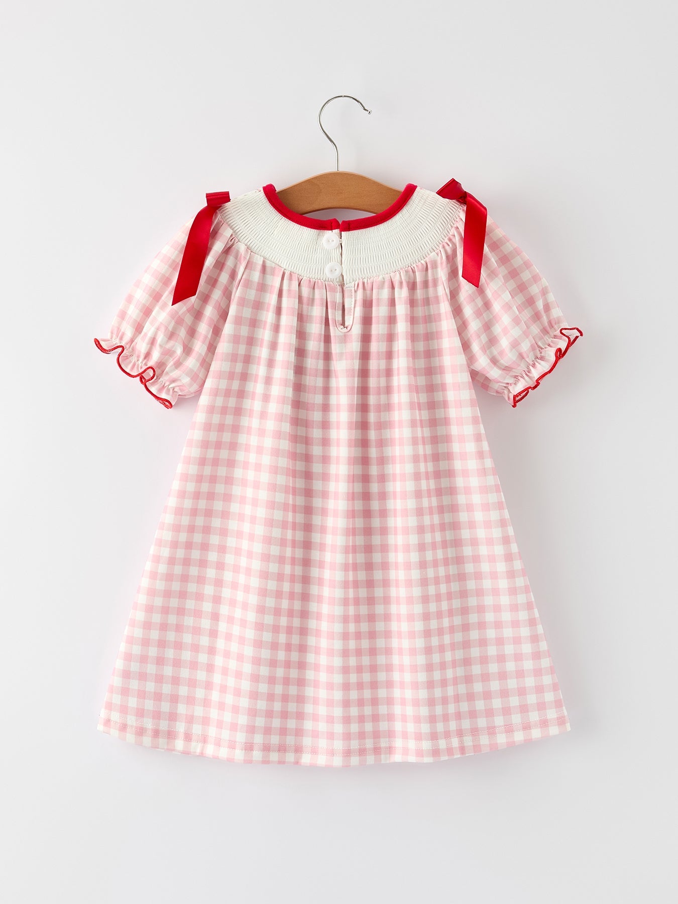 Pink Gingham Christmas Girls Dress: Santa Embroidery with Red Satin Ribbon by Rylee Faith Designs