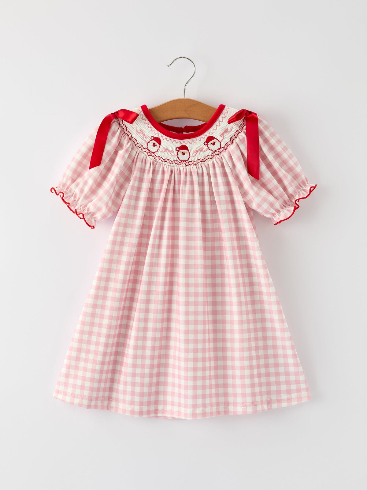 Pink Gingham Christmas Girls Dress: Santa Embroidery with Red Satin Ribbon by Rylee Faith Designs