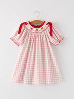 Pink Gingham Christmas Girls Dress: Santa Embroidery with Red Satin Ribbon by Rylee Faith Designs