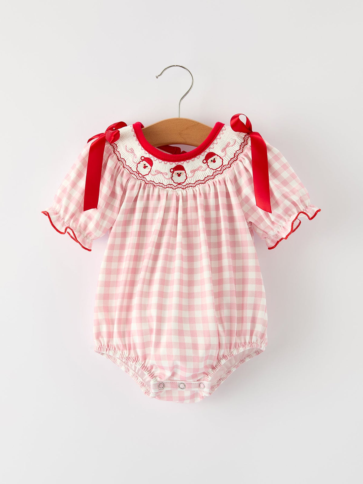Pink Gingham Christmas Baby Girls Romper: Santa Embroidery with Red Satin Ribbon by Rylee Faith Designs