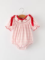 Pink Gingham Christmas Baby Girls Romper: Santa Embroidery with Red Satin Ribbon by Rylee Faith Designs