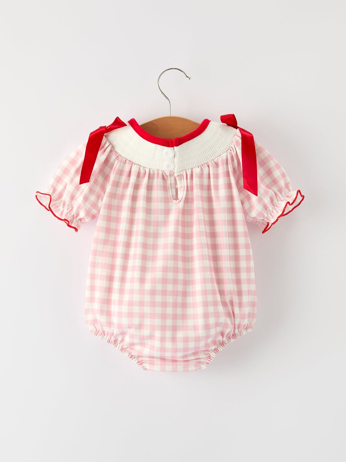 Pink Gingham Christmas Baby Girls Romper: Santa Embroidery with Red Satin Ribbon by Rylee Faith Designs
