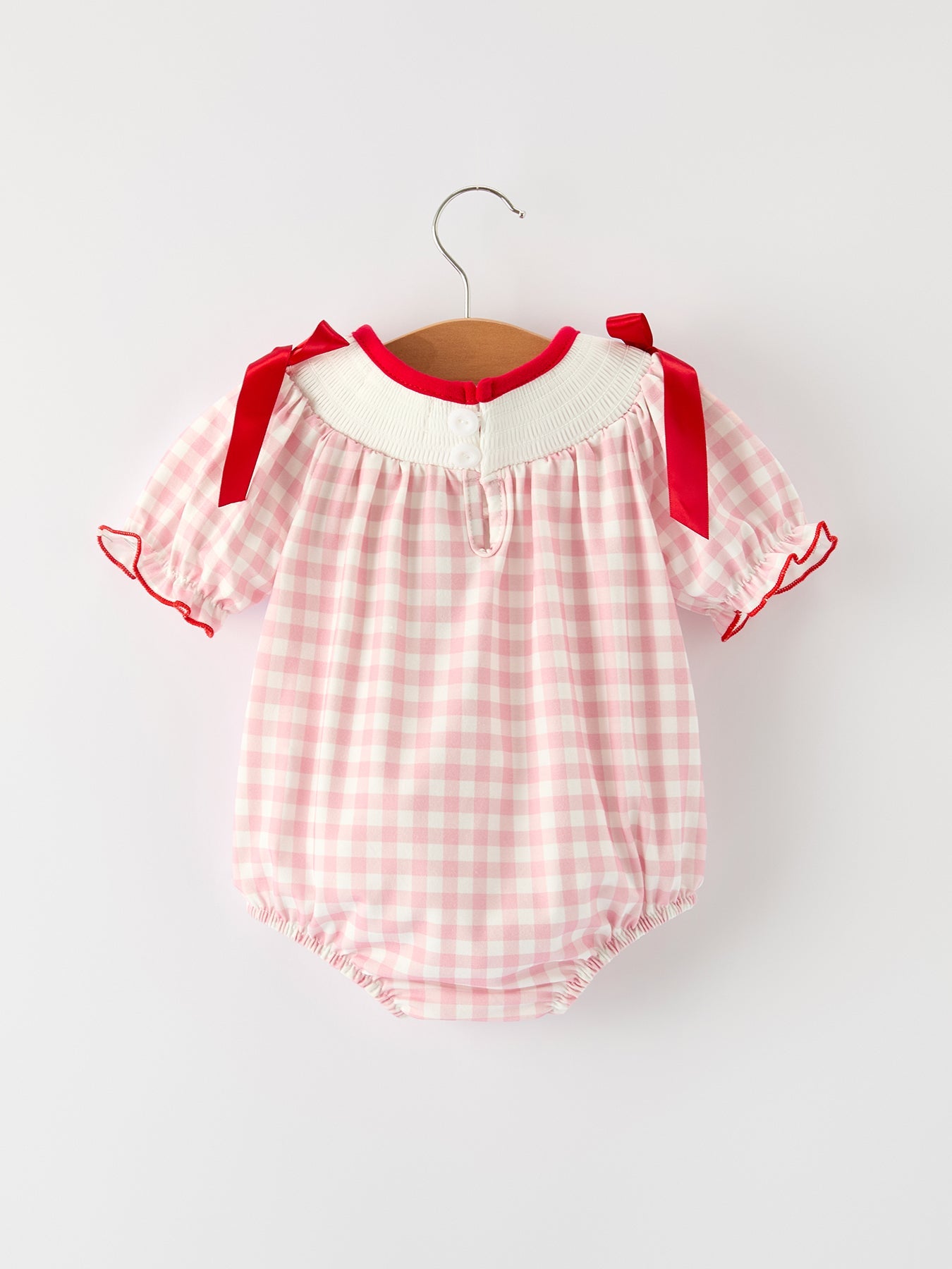Pink Gingham Christmas Baby Girls Romper: Santa Embroidery with Red Satin Ribbon by Rylee Faith Designs