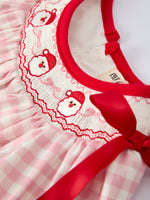 Pink Gingham Christmas Baby Girls Romper: Santa Embroidery with Red Satin Ribbon by Rylee Faith Designs
