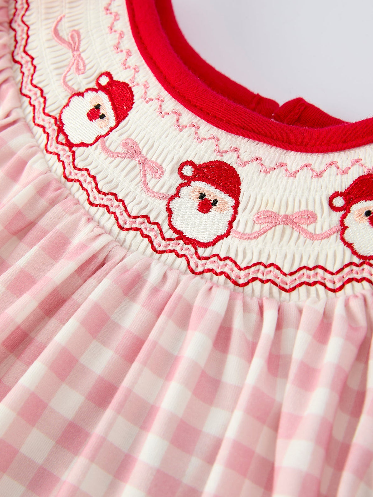 Pink Gingham Christmas Girls Dress: Santa Embroidery with Red Satin Ribbon by Rylee Faith Designs