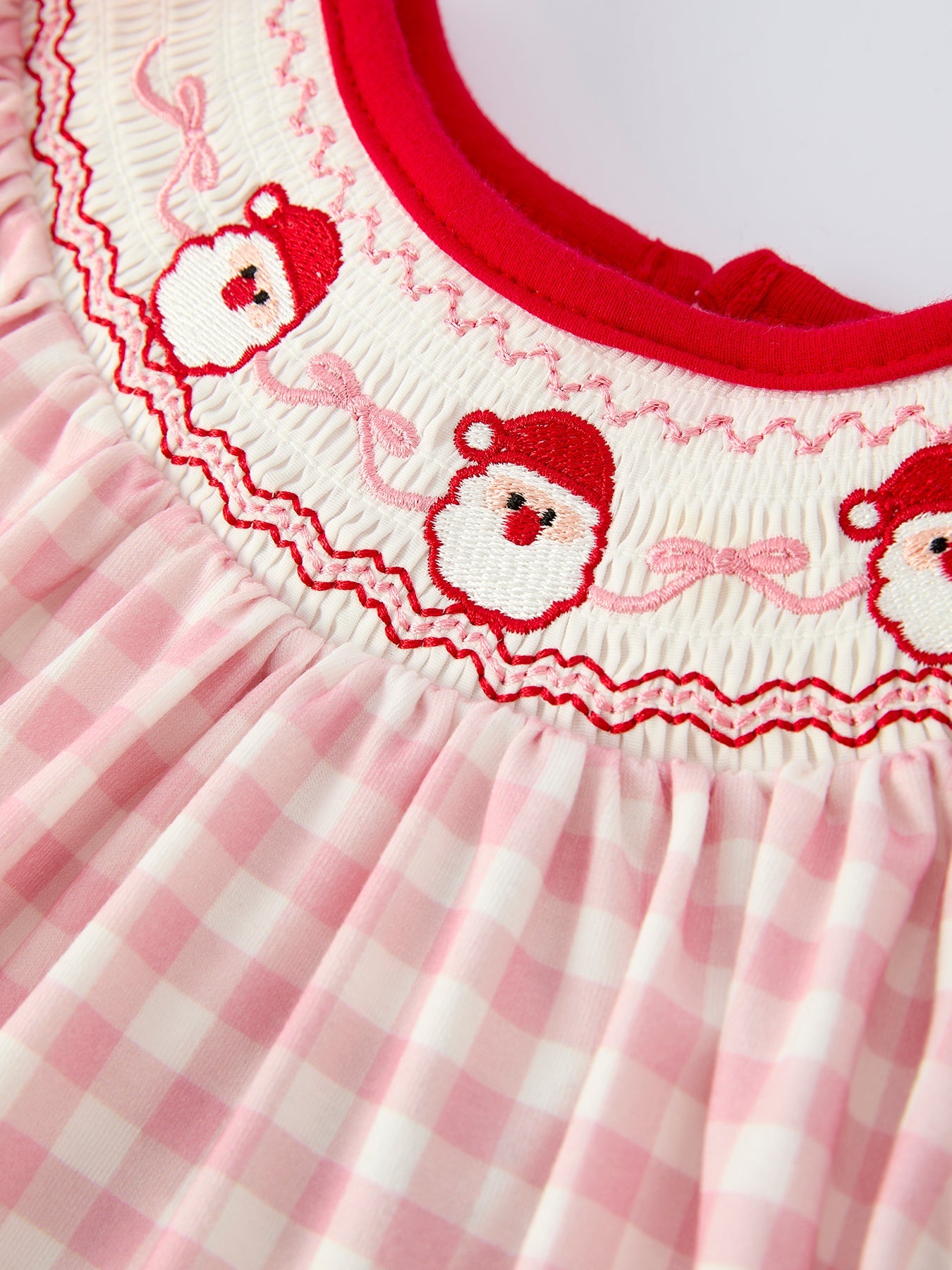 Pink Gingham Christmas Girls Dress: Santa Embroidery with Red Satin Ribbon by Rylee Faith Designs