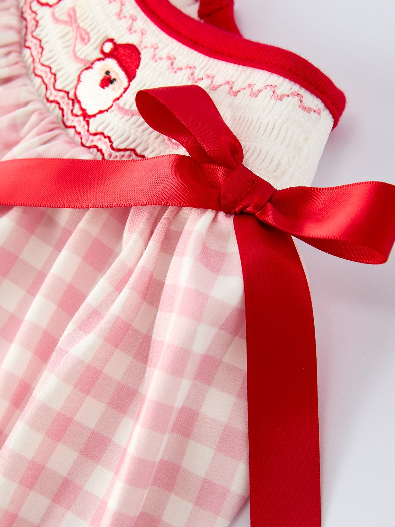 Pink Gingham Christmas Girls Dress: Santa Embroidery with Red Satin Ribbon by Rylee Faith Designs