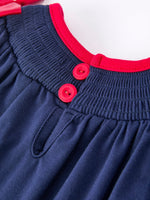 Christmas Holiday Celebration Baby Girls Romper: Navy with Santa Sleigh by Rylee Faith Designs
