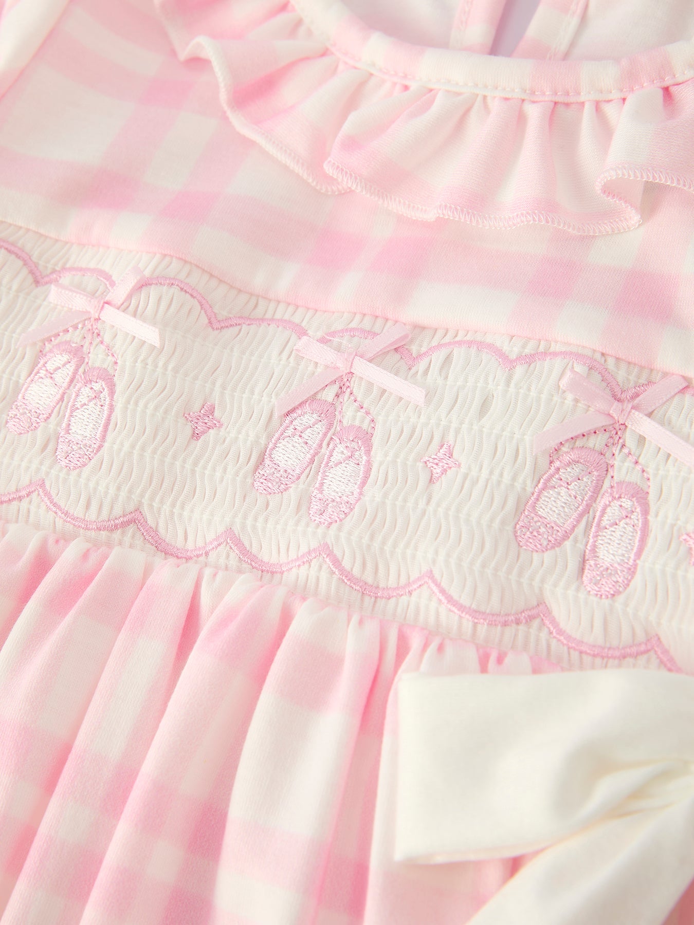 Pink Plaid Ruffle Long Sleeve Dress, Ballet Shoe Embroidery