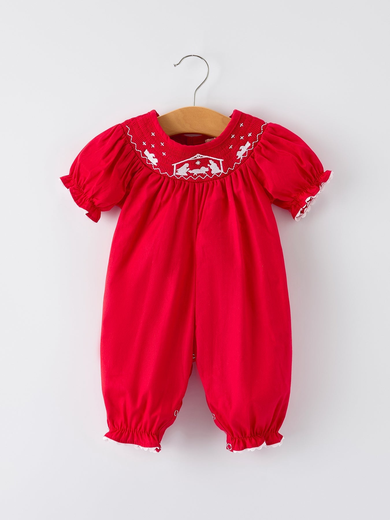 Red Christmas Baby Girls Romper Nativity Embroidery Rylee Faith Designs Everetts Place: Online Boutique