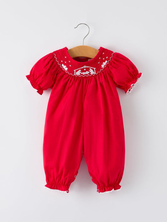 Red Christmas Baby Girls Romper Nativity Embroidery Rylee Faith Designs Everetts Place: Online Boutique