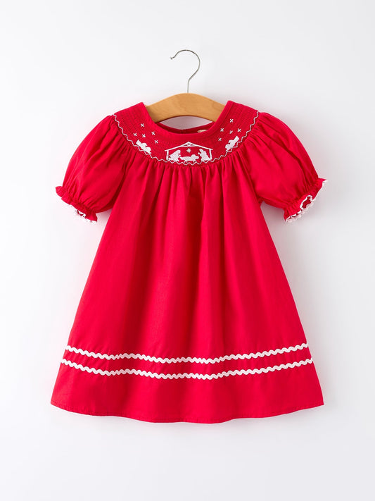 Red Christmas Girls Dress With Nativity Embroidery Details Rylee Faith Designs Everetts Place: Online Boutique