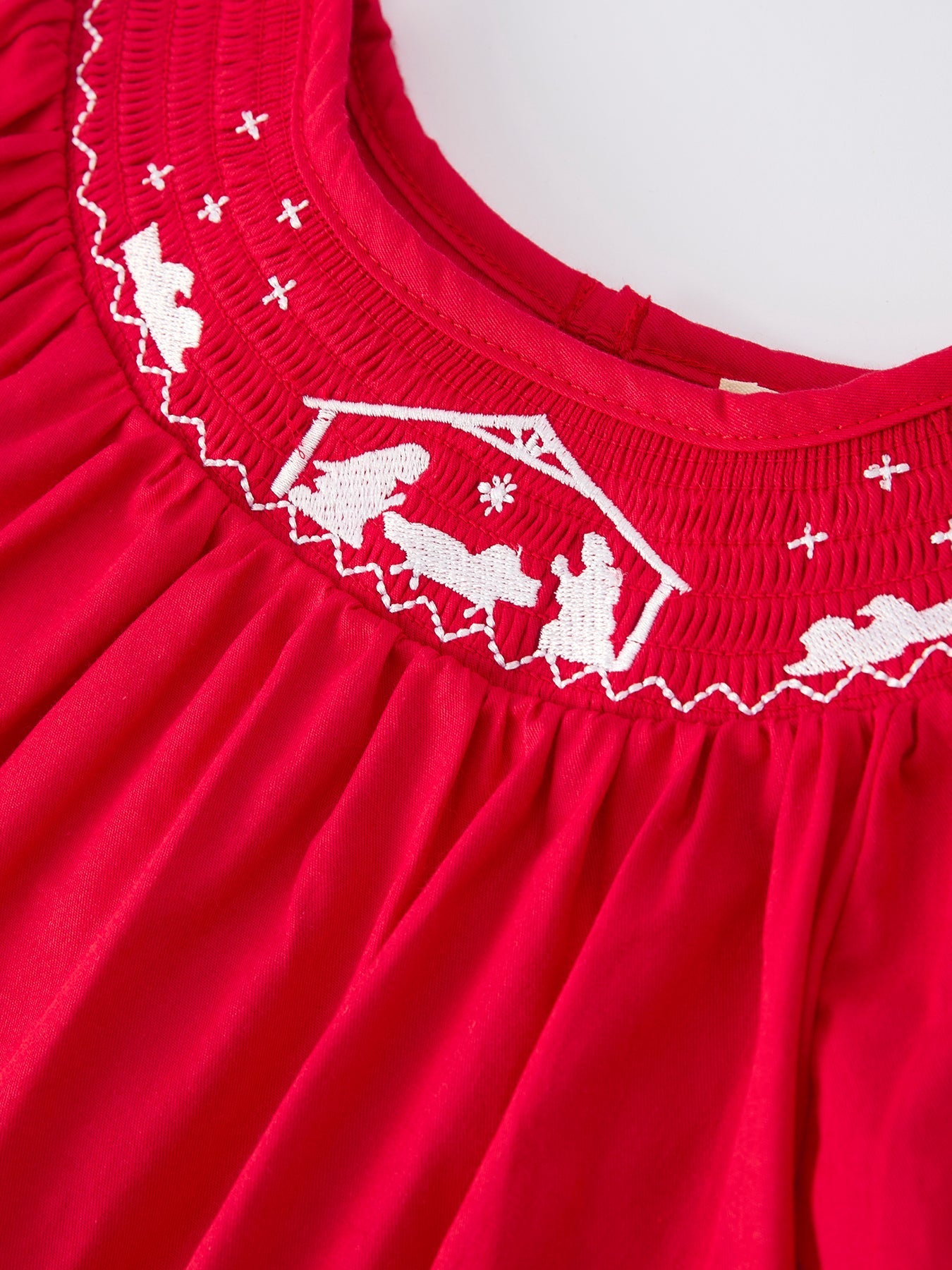 Red Christmas Girls Dress With Nativity Embroidery Details Rylee Faith Designs Everetts Place: Online Boutique