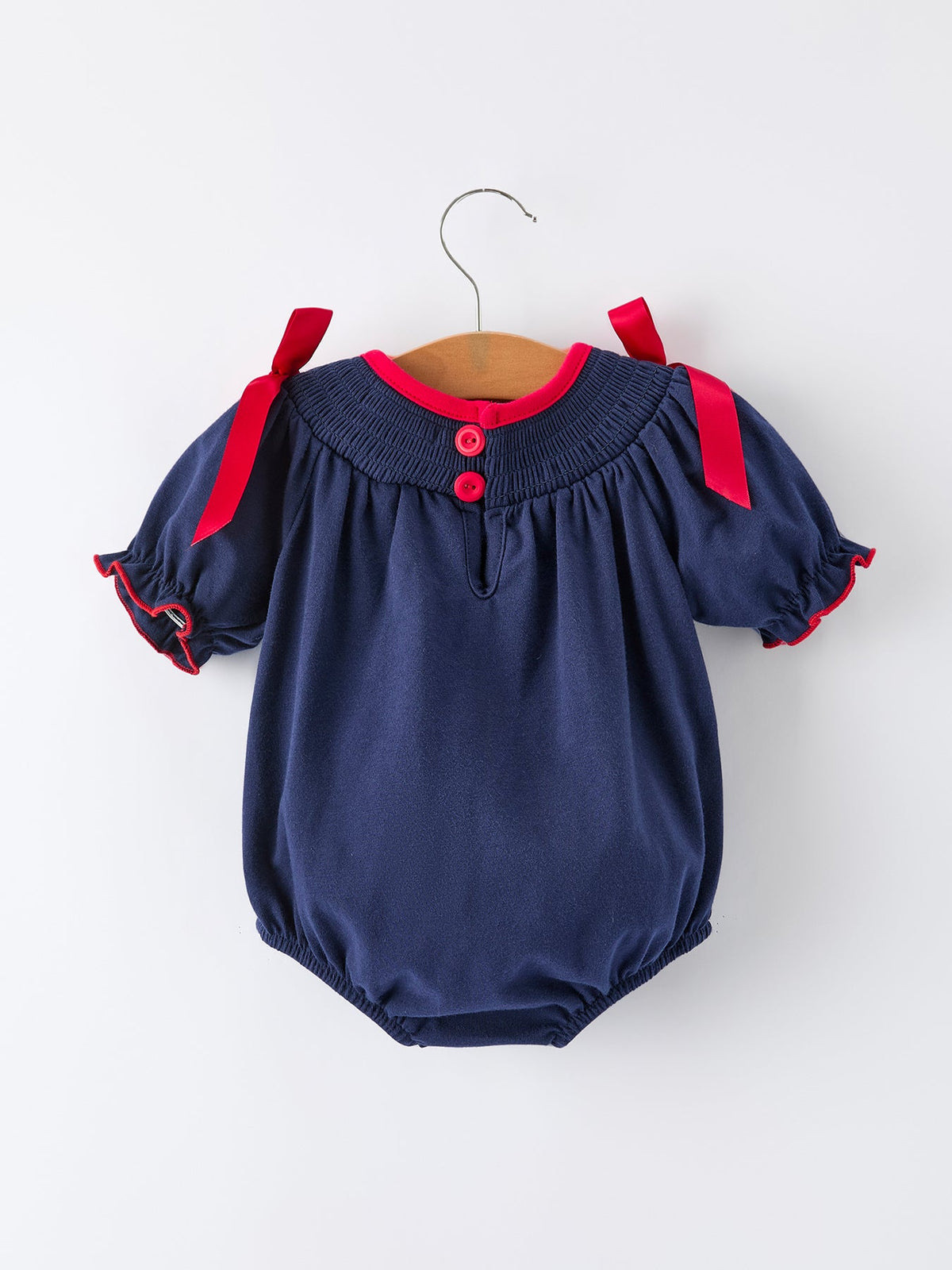 Christmas Holiday Celebration Baby Girls Romper: Navy with Santa Sleigh by Rylee Faith Designs