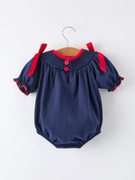 Christmas Holiday Celebration Baby Girls Romper: Navy with Santa Sleigh by Rylee Faith Designs