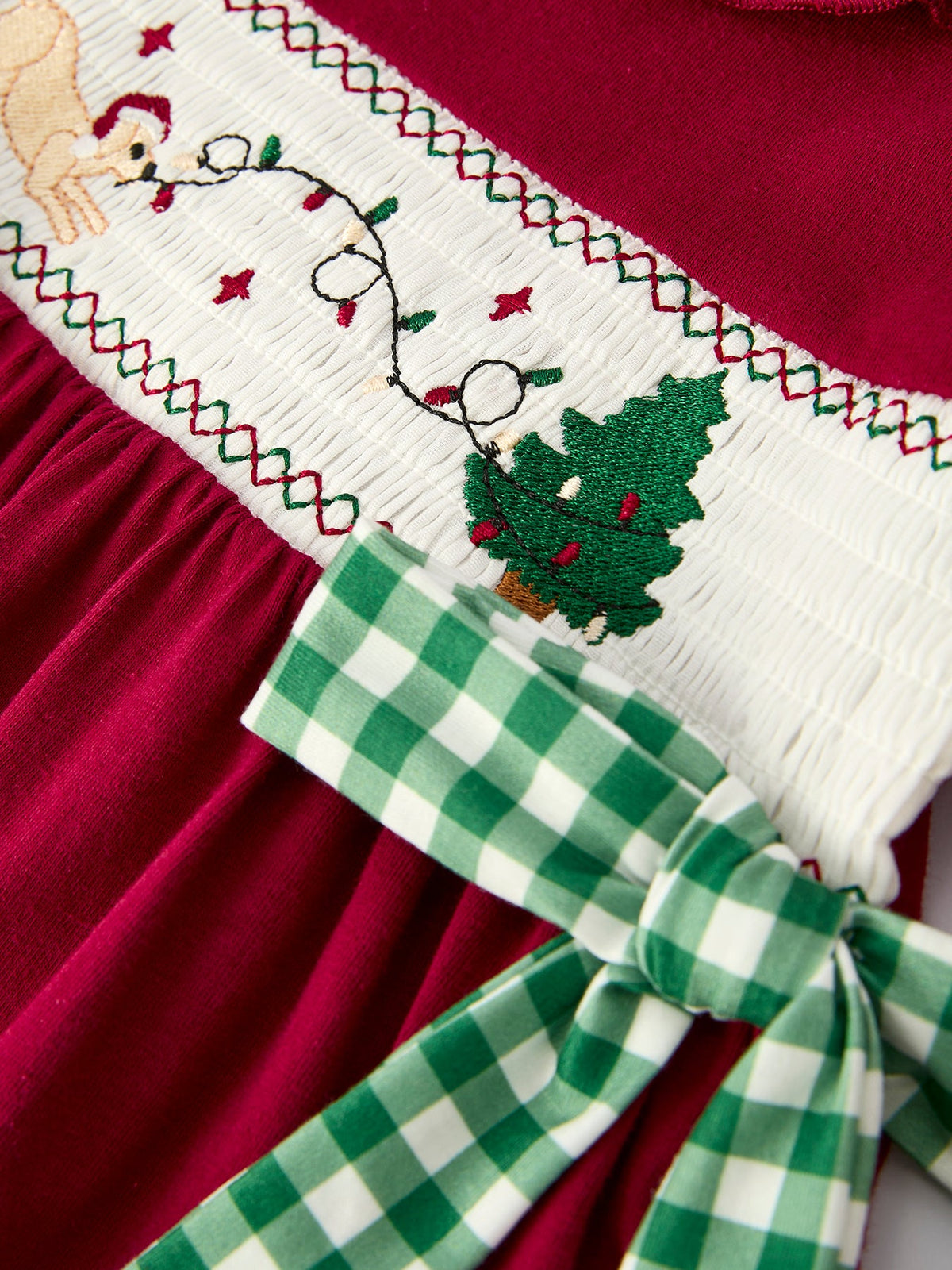 Christmas Smocking Embroidered Girls Dress with Green Plaid Bow by Rylee Faith Designs