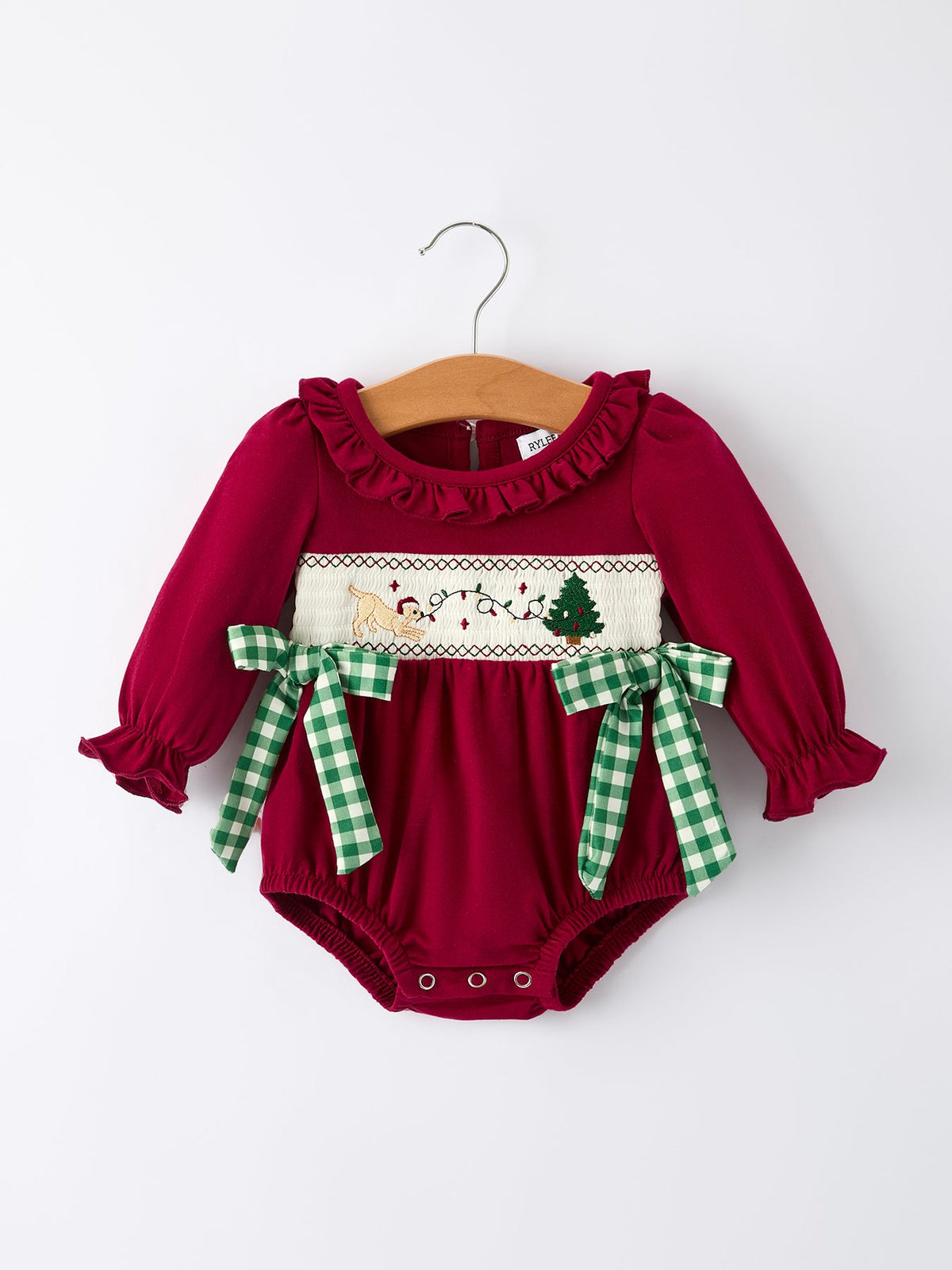 Christmas Embroidered Baby Girls Romper with Green Plaid Bow by Rylee Faith Designs