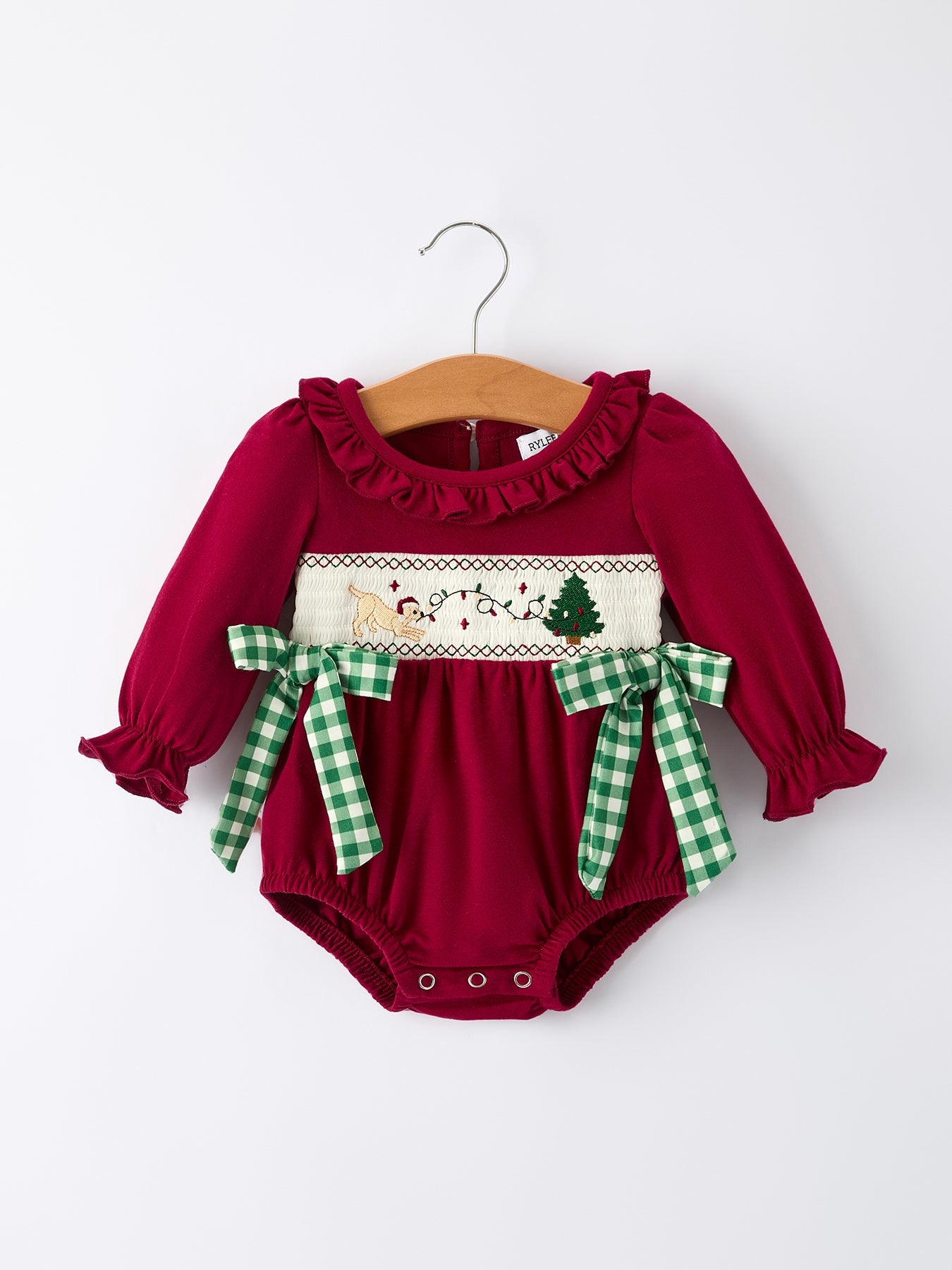 Christmas Embroidered Baby Girls Romper with Green Plaid Bow by Rylee Faith Designs