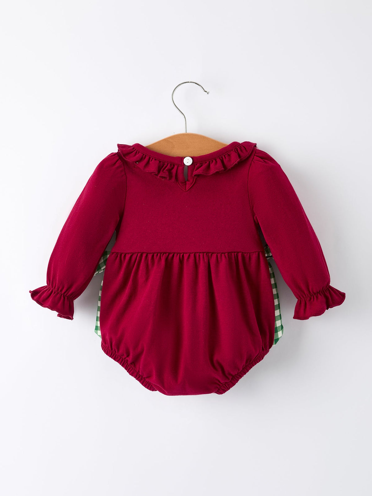 Christmas Embroidered Baby Girls Romper with Green Plaid Bow by Rylee Faith Designs