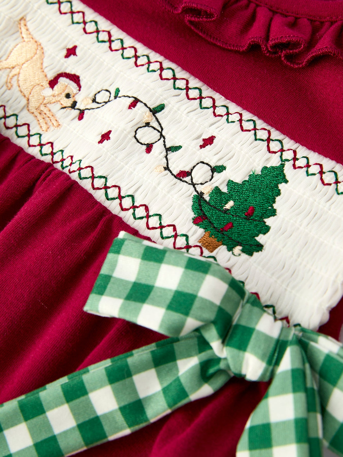 Christmas Embroidered Baby Girls Romper with Green Plaid Bow by Rylee Faith Designs
