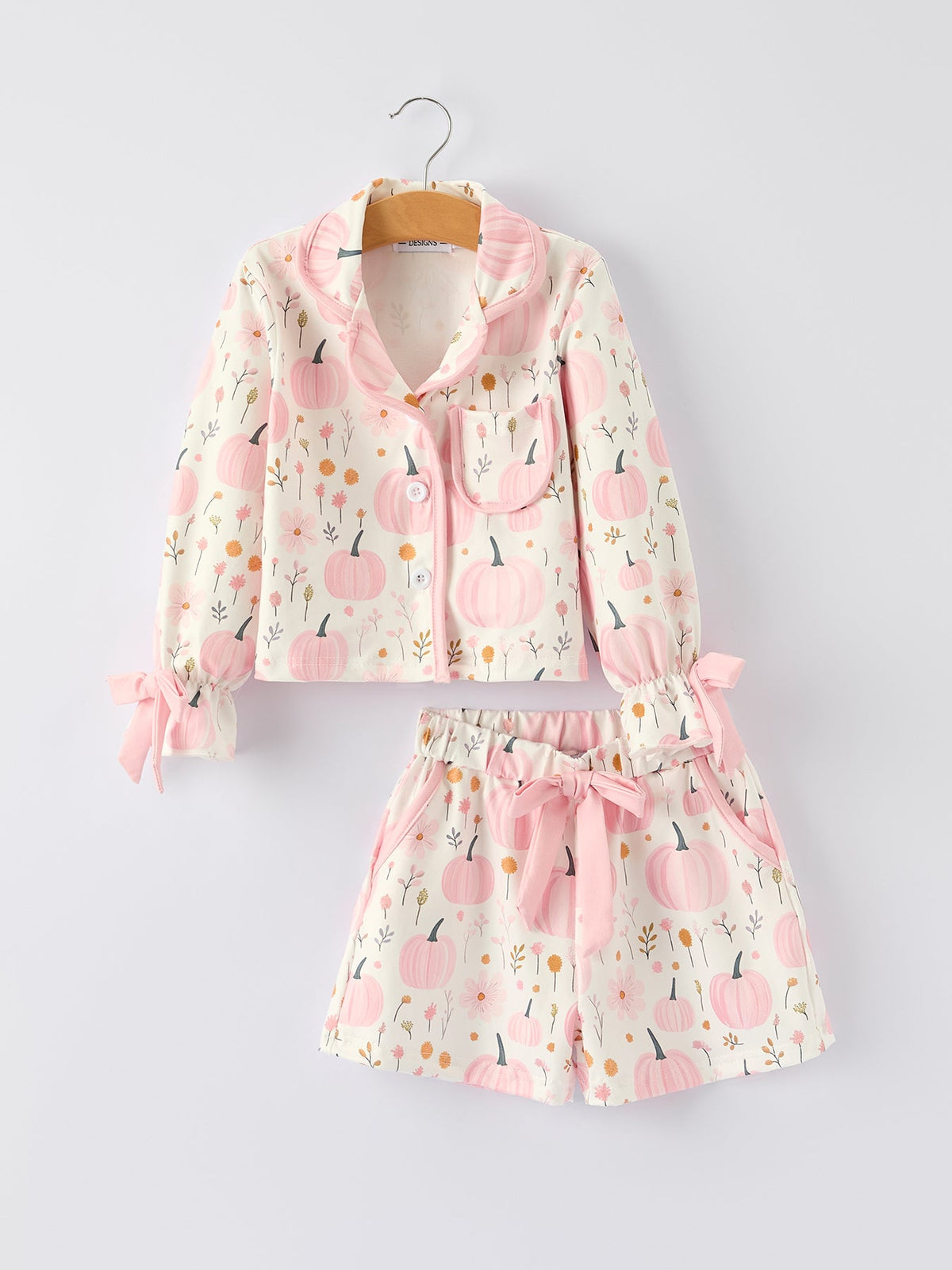 Thanksgiving Pink Pumpkin Floral Print Pajama Set by Rylee Faith Designs
