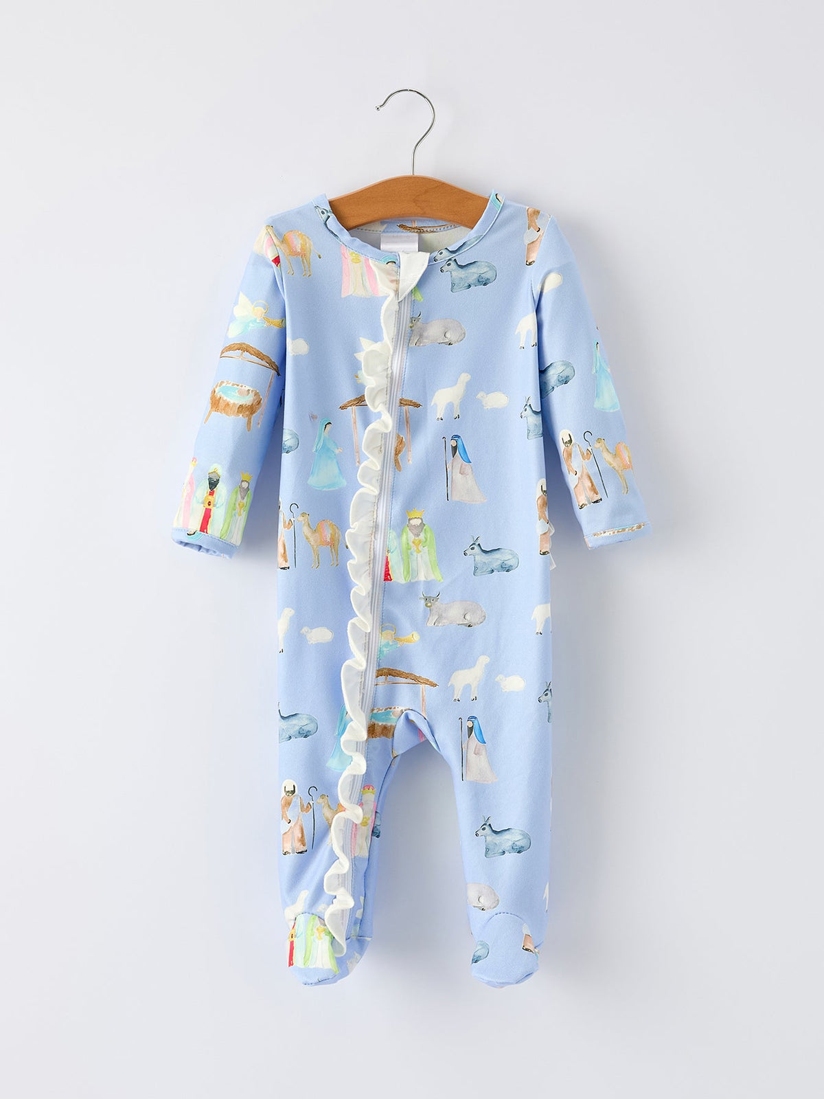 Blue Christmas Nativity Pattern Baby Girls Romper with Ruffles by Rylee Faith Designs